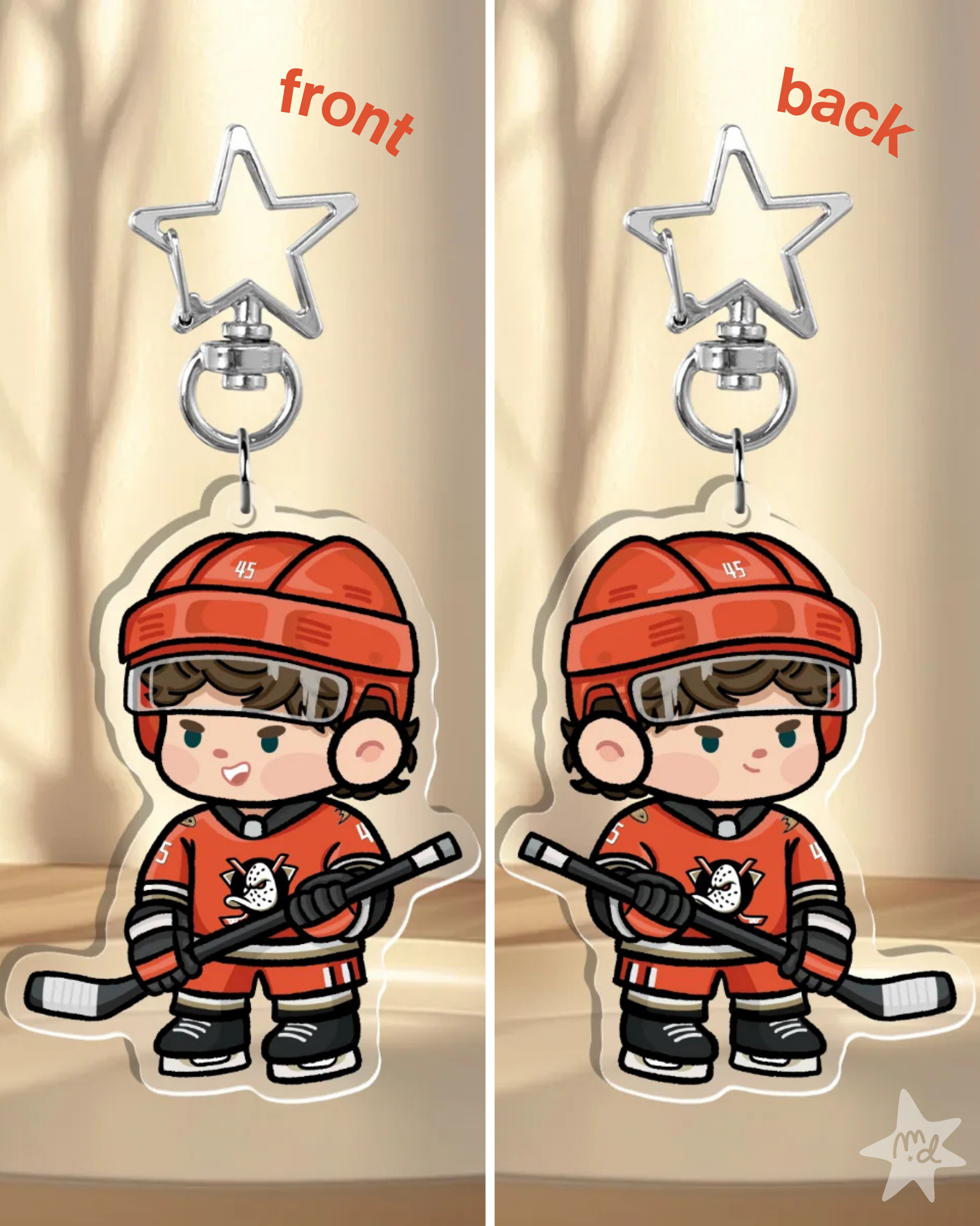 Fan-inspired keychain of Anaheim Ducks hockey player Beckett Sennecke by Monday Doodles