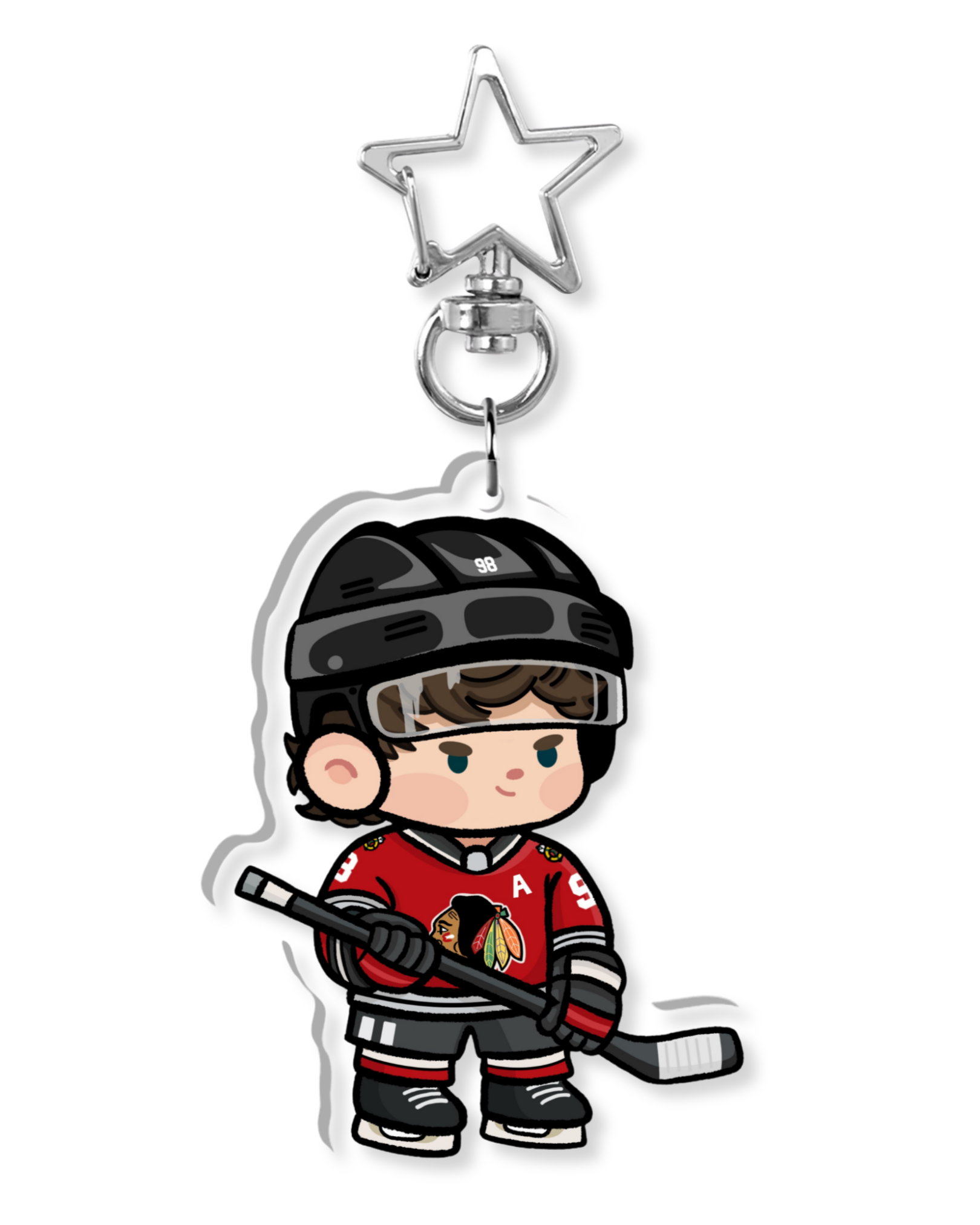 Fan-inspired keychain of Chicago Blackhawks hockey player Connor Bedard by Monday Doodles