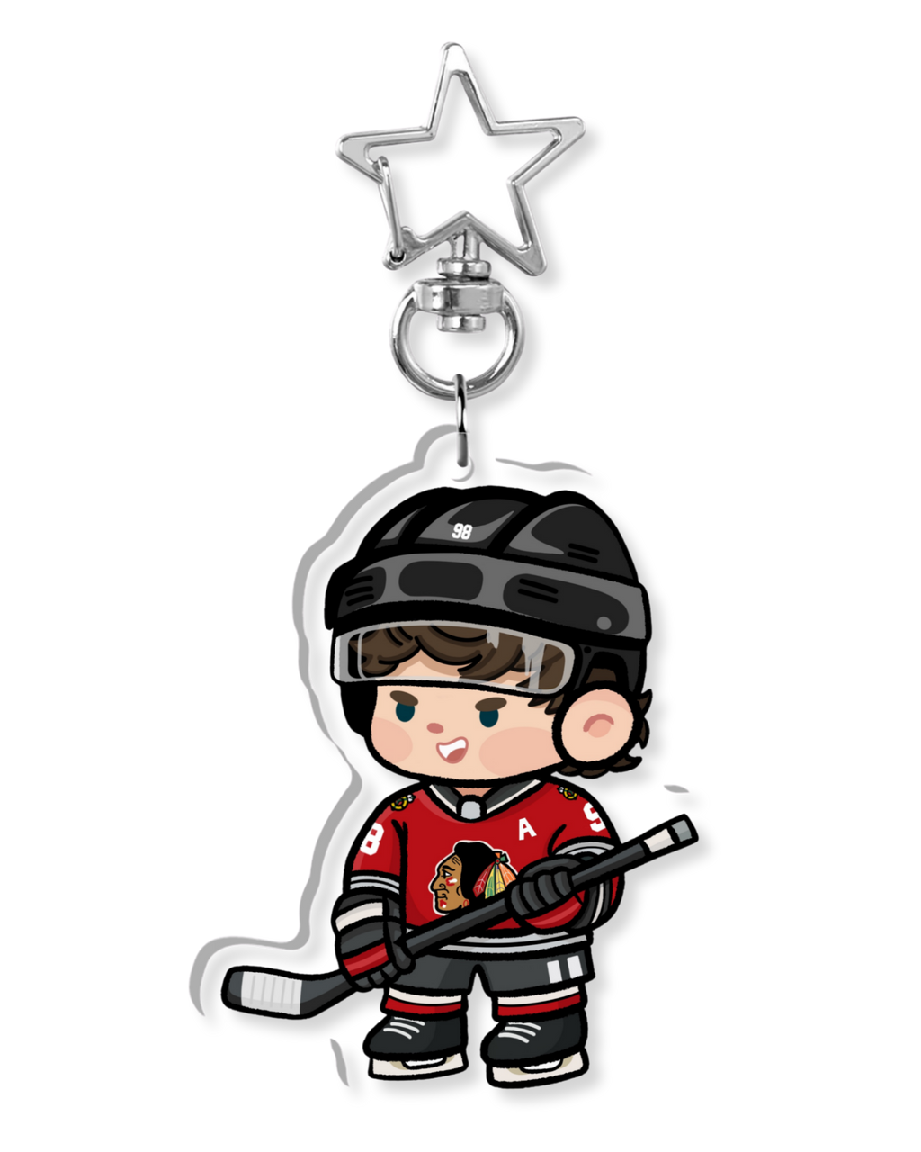 Fan-inspired keychain of Chicago Blackhawks hockey player Connor Bedard by Monday Doodles