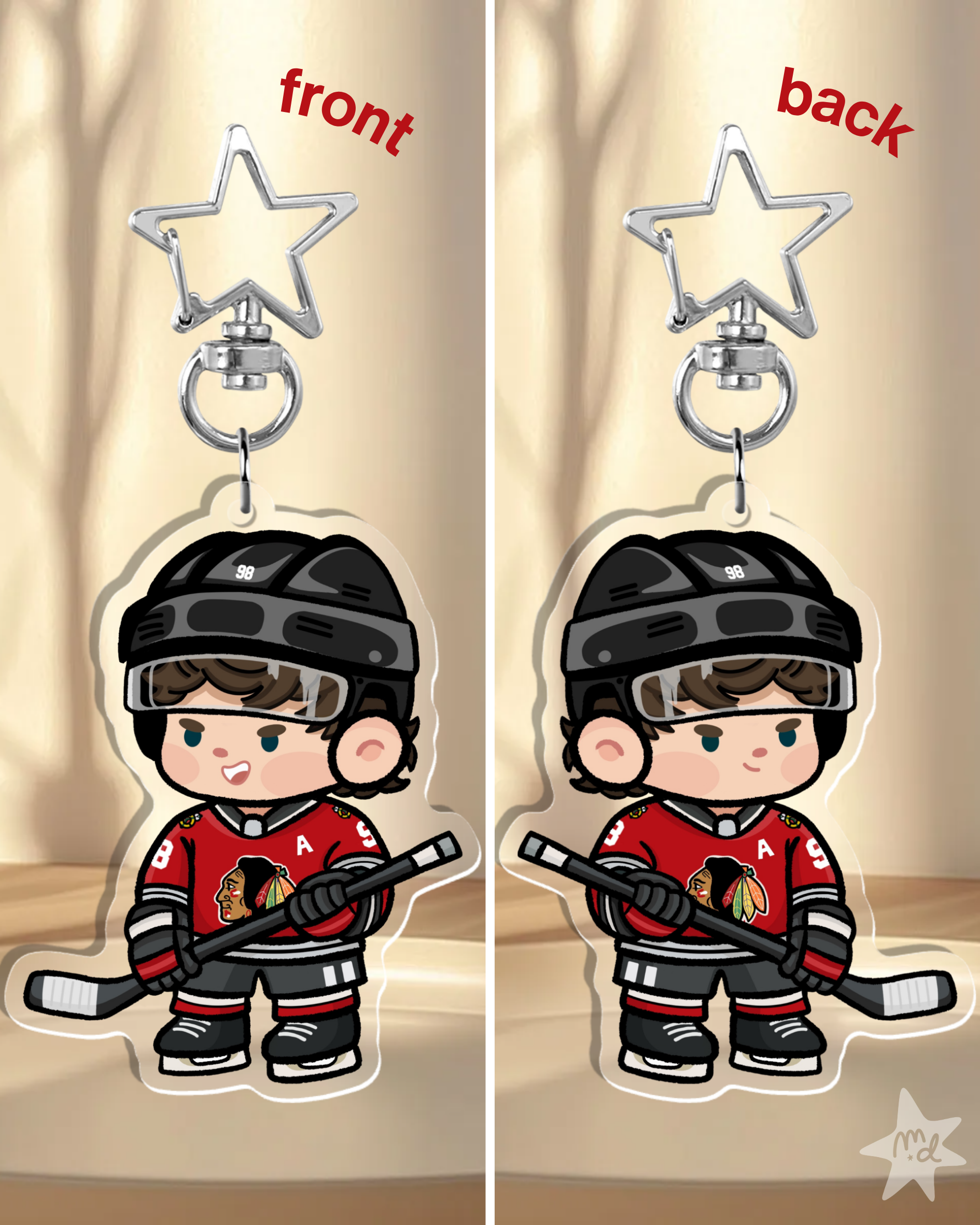 Fan-inspired keychain of Chicago Blackhawks hockey player Connor Bedard by Monday Doodles