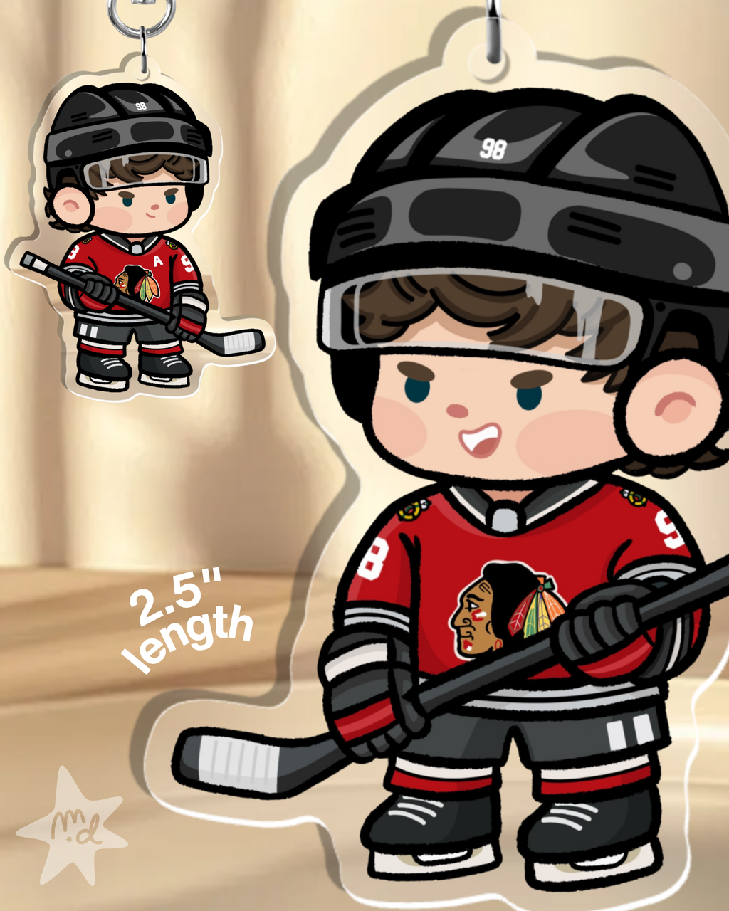 Fan-inspired keychain of Chicago Blackhawks hockey player Connor Bedard by Monday Doodles