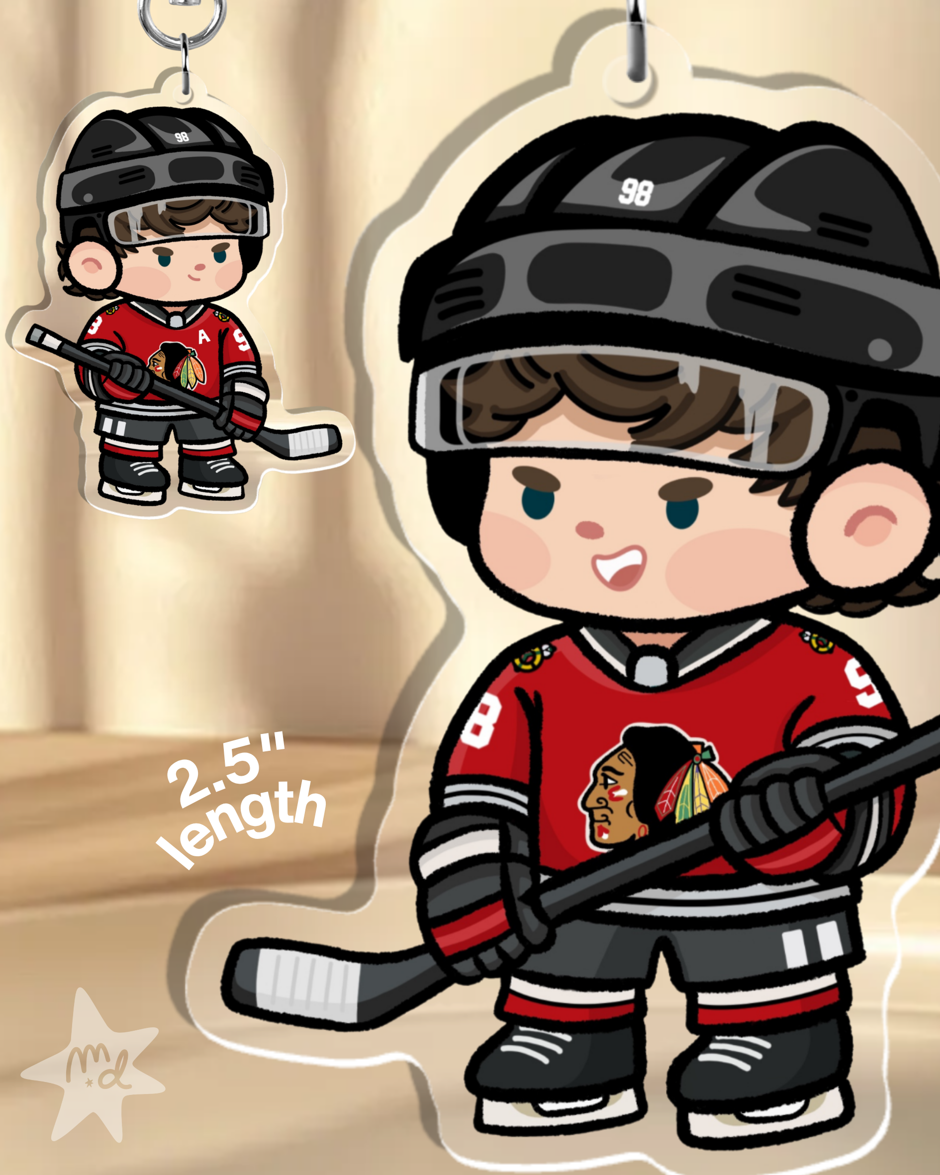 Fan-inspired keychain of Chicago Blackhawks hockey player Connor Bedard by Monday Doodles