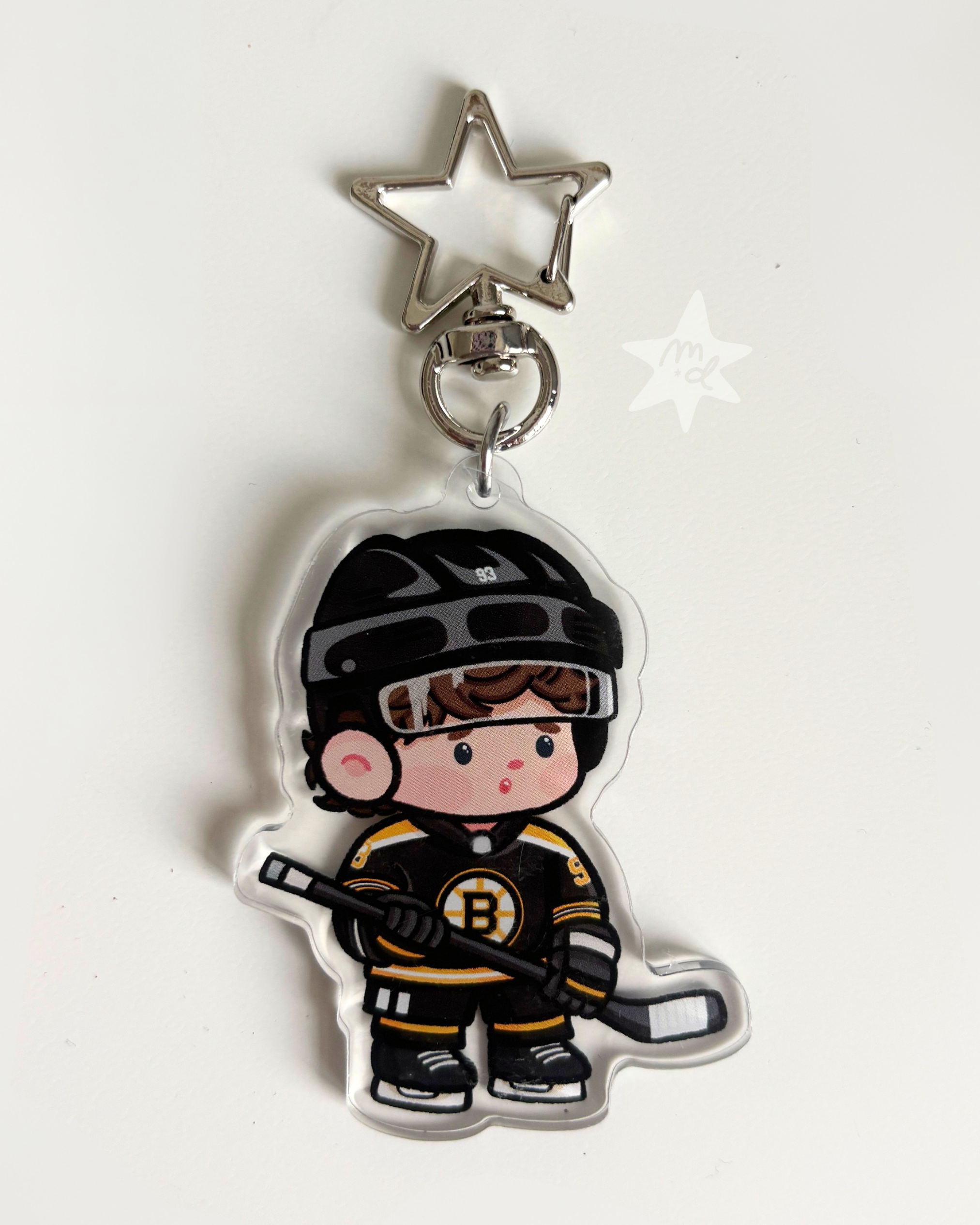Fan-inspired keychain of Boston Bruins hockey player Fraser Minten by Monday Doodles