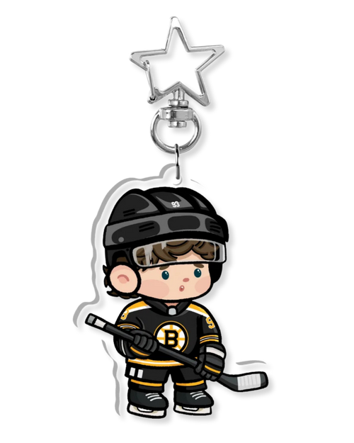 Fan-inspired keychain of Boston Bruins hockey player Fraser Minten by Monday Doodles
