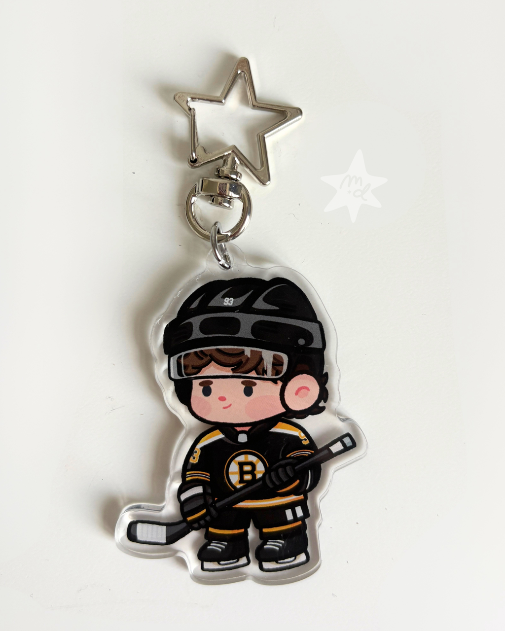 Fan-inspired keychain of Boston Bruins hockey player Fraser Minten by Monday Doodles