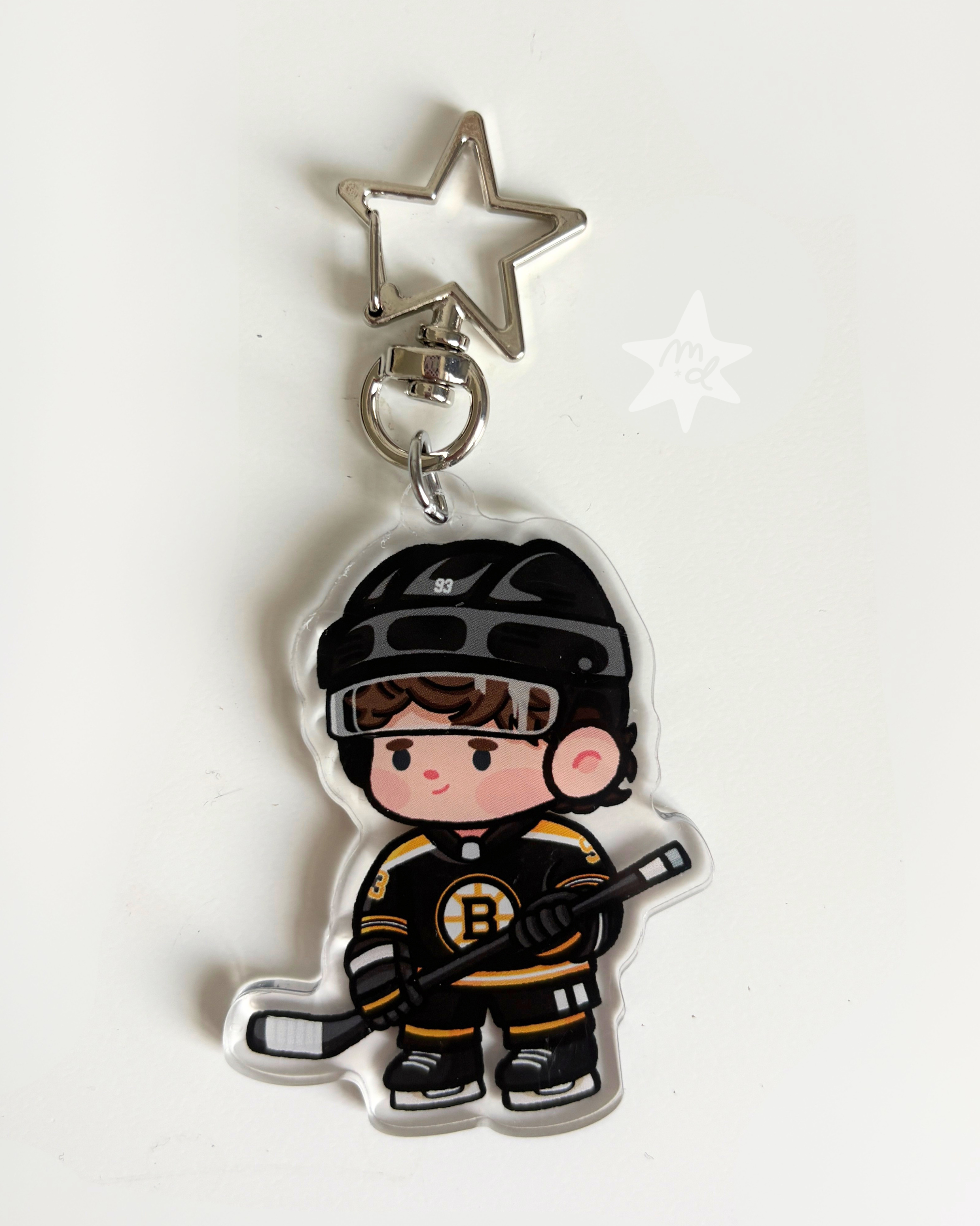 Fan-inspired keychain of Boston Bruins hockey player Fraser Minten by Monday Doodles