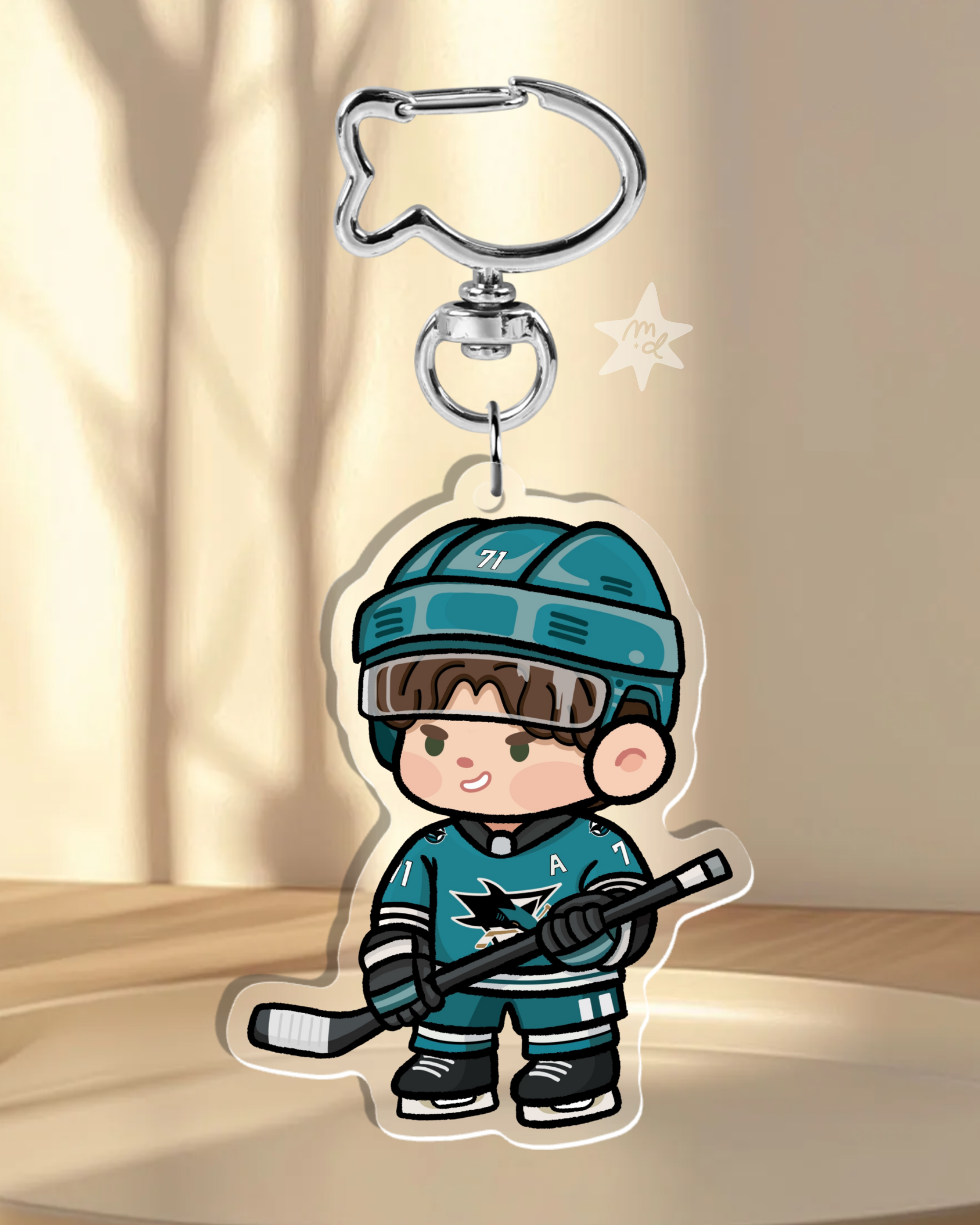Fan-inspired keychain of San Jose Sharks hockey player Macklin Celebrini by Monday Doodles