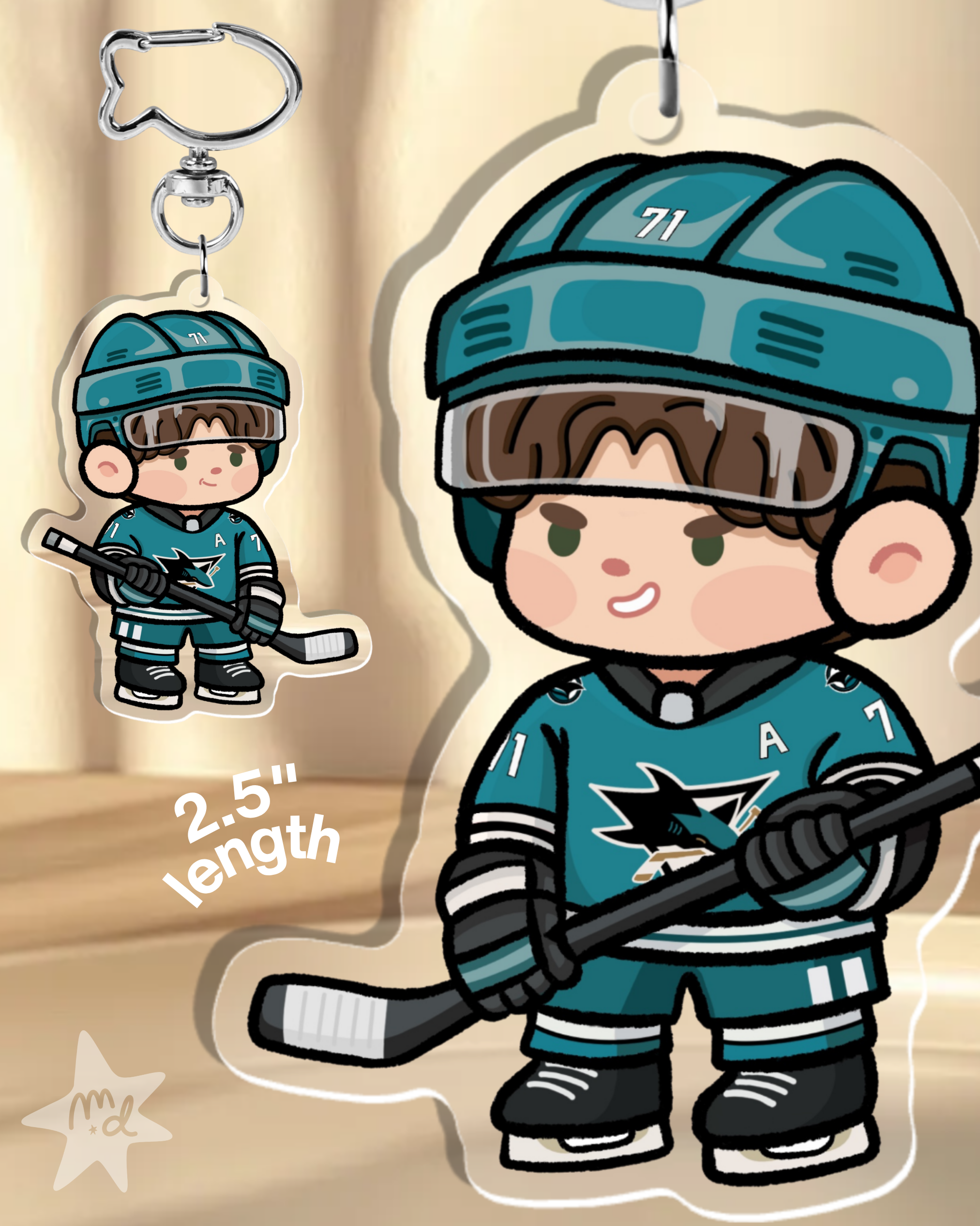 Fan-inspired keychain of San Jose Sharks hockey player Macklin Celebrini by Monday Doodles