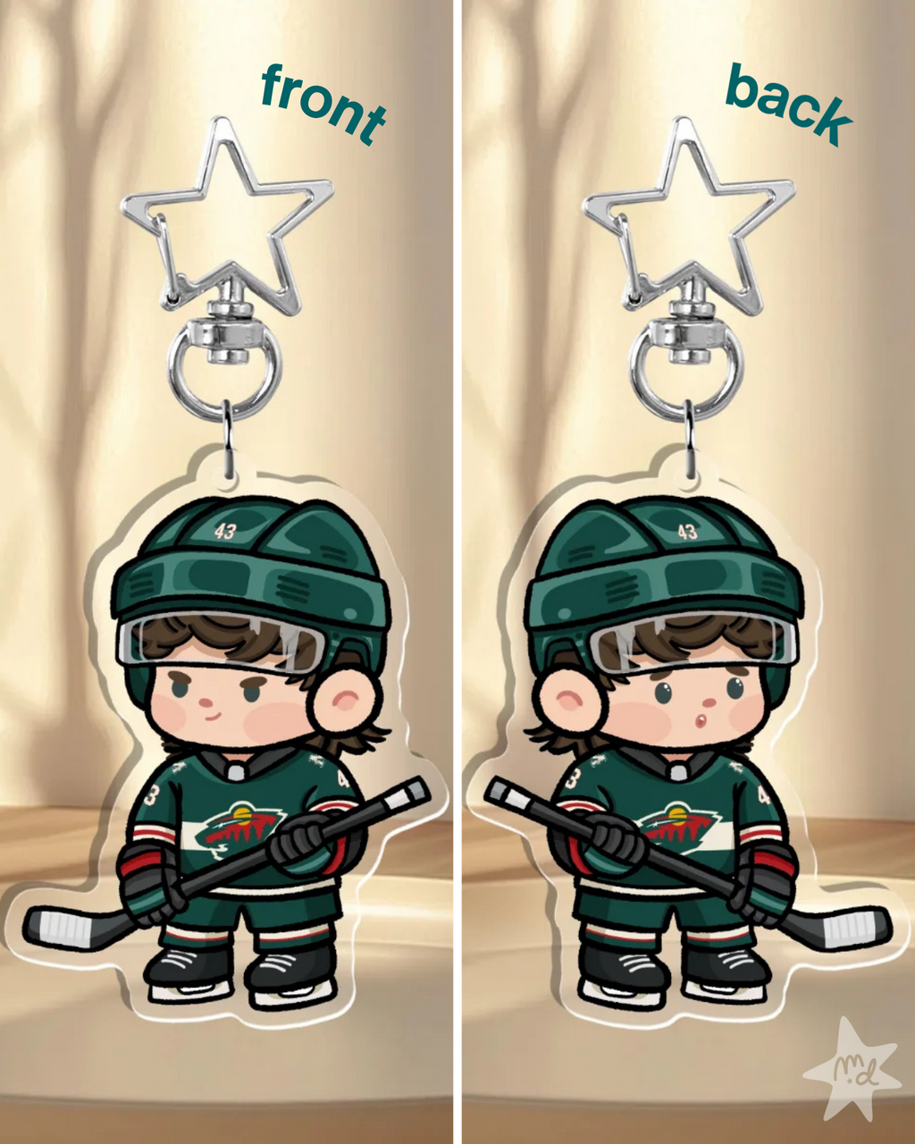 Fan-inspired keychain of Minnesota Wild hockey player Quinn Hughes by Monday Doodles