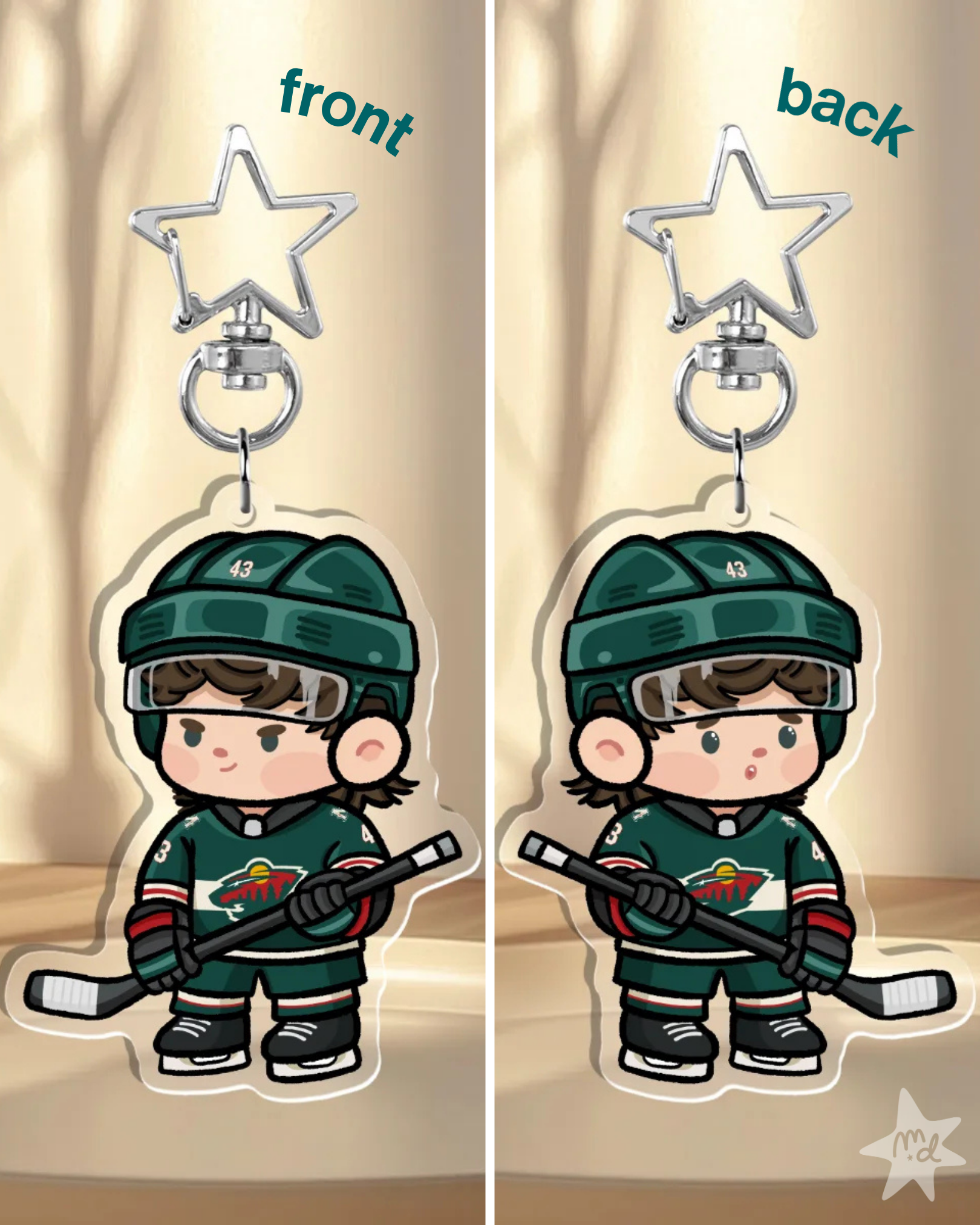 Fan-inspired keychain of Minnesota Wild hockey player Quinn Hughes by Monday Doodles