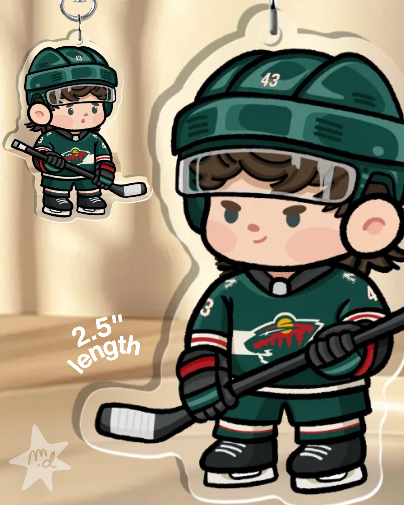 Fan-inspired keychain of Minnesota Wild hockey player Quinn Hughes by Monday Doodles