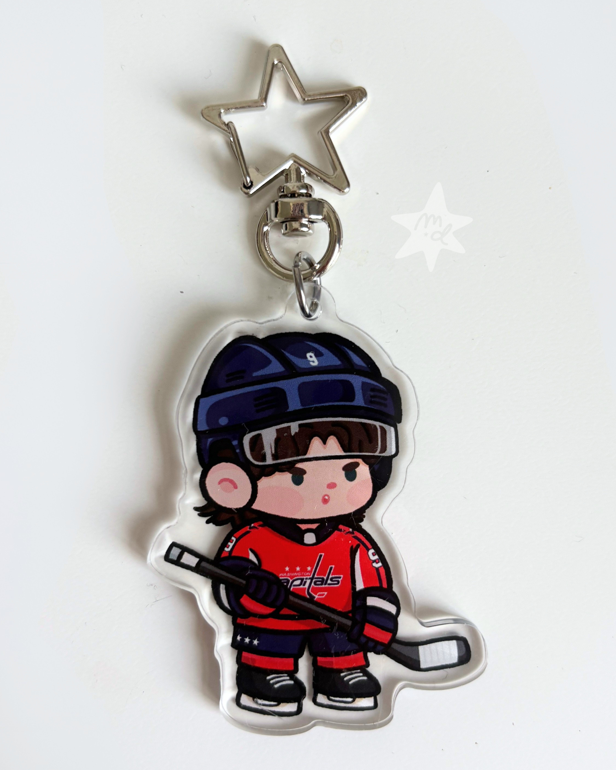 Fan-inspired keychain of Washington Capitals hockey player Ryan Leonard by Monday Doodles
