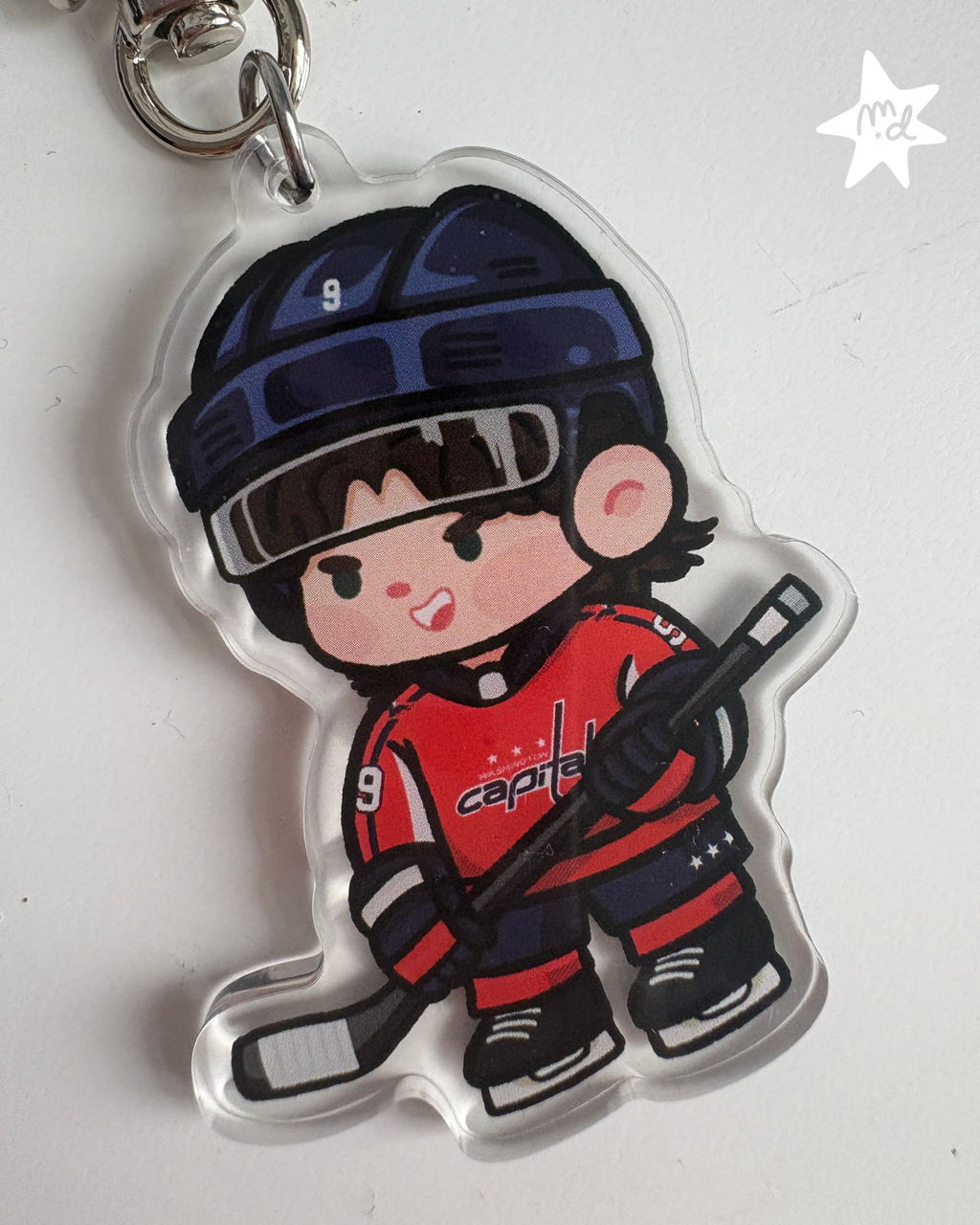 Fan-inspired keychain of Washington Capitals hockey player Ryan Leonard by Monday Doodles