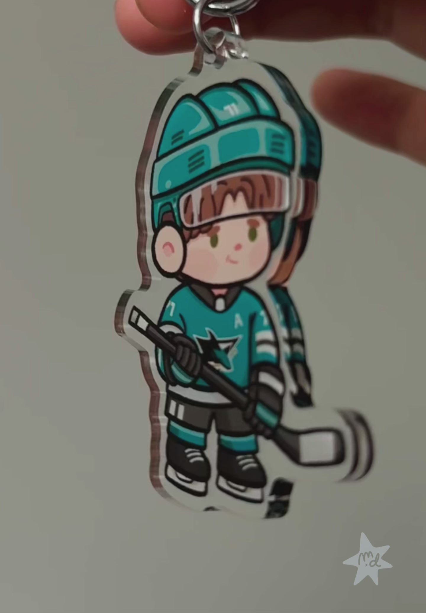 Video of fan-inspired keychain of San Jose Sharks hockey player Macklin Celebrini by Monday Doodles